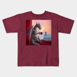 Grey Dragon Drinking Coffee Kids T-Shirt